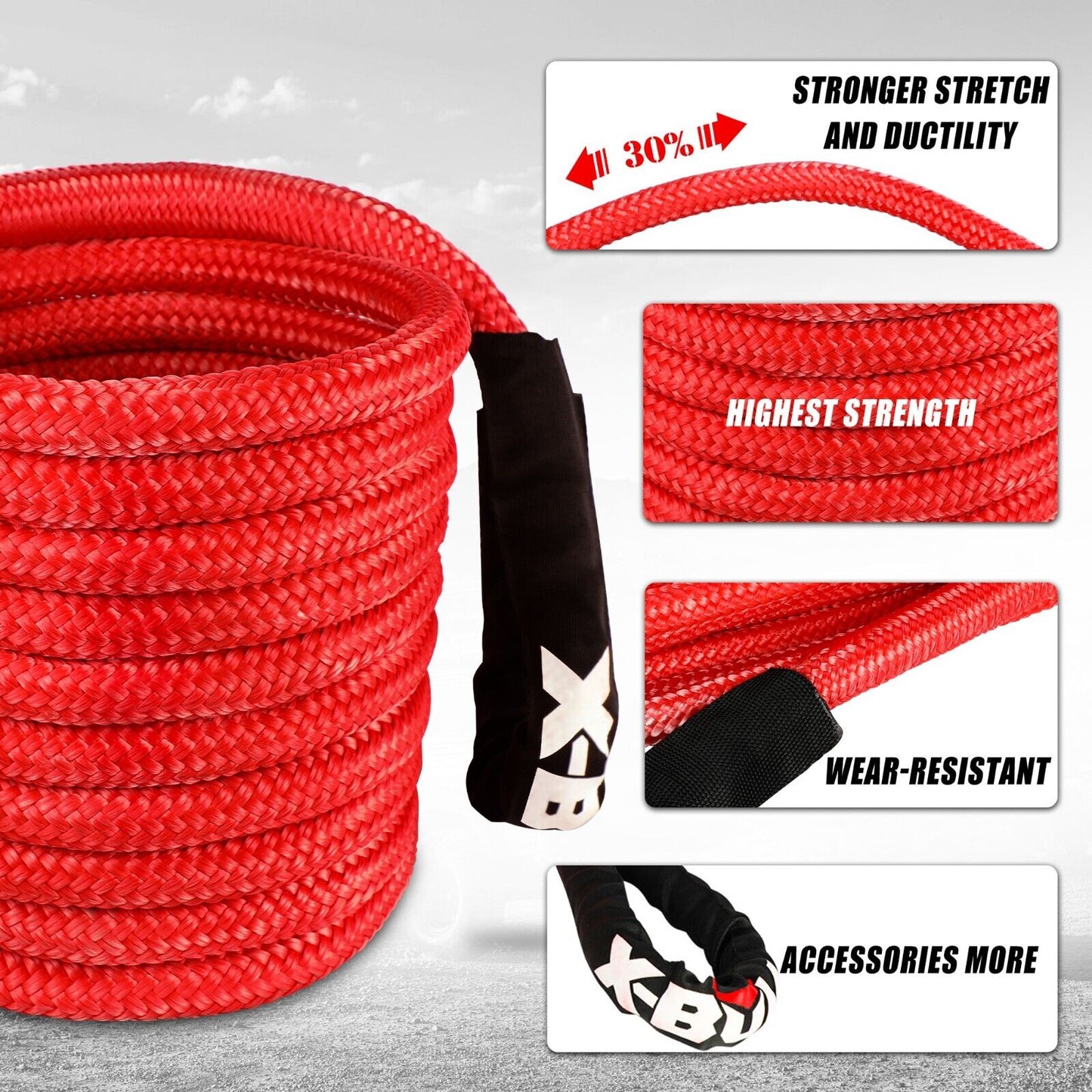 X-BULL Kinetic Rope 22mmx9m 12T 28600LBS Recovery Dyneema Tow Winch 2x Soft Shackles