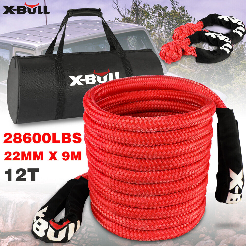 X-BULL Kinetic Rope 22mmx9m 12T 28600LBS Recovery Dyneema Tow Winch 2x Soft Shackles
